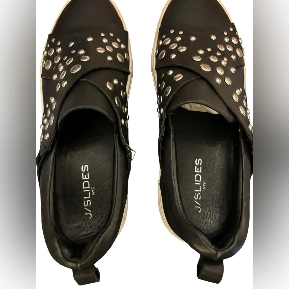 J/Slides Women’s Black Leather Studded Slip On Sneakers Size 8.5‎